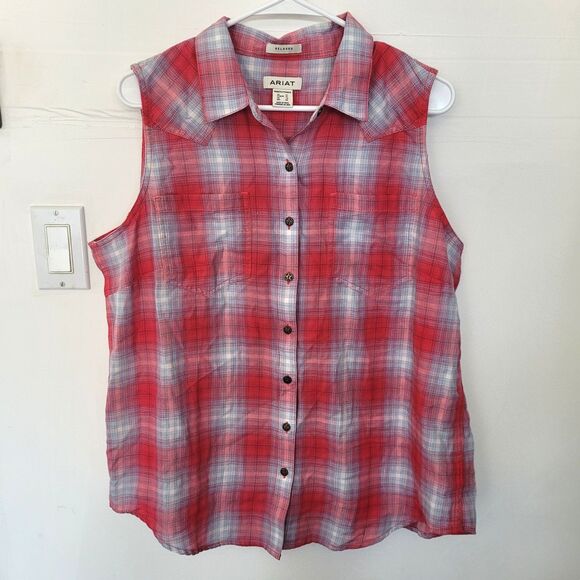 Ariat Tops - ARIAT Billie Jean Sleeveless Plaid Womens XL Red Pink Western Cowgirl Rodeo